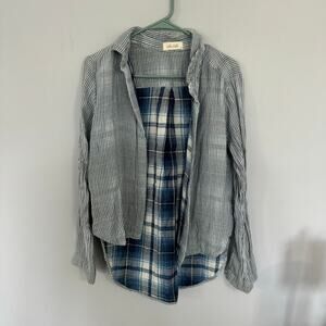 Bella Dahl Railroad Stripe & Plaid Button Down Top Women Size Small Long Sleeves